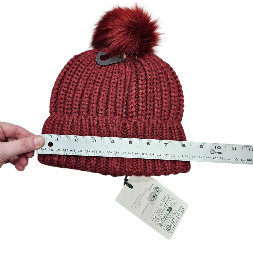 Barbour NWT Saltburn Beanie Hat Womens OS‎ Red Ribbed Knit Faux Fur Pom Winter